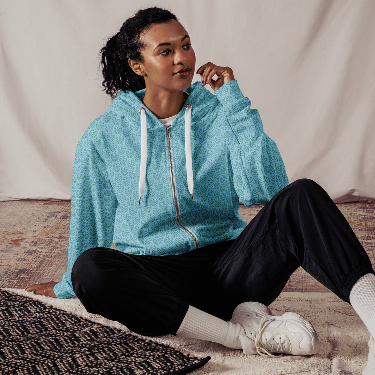 Women's All-Over Print Recycled Unisex Zip Hoodie Leaves Columbia Blue