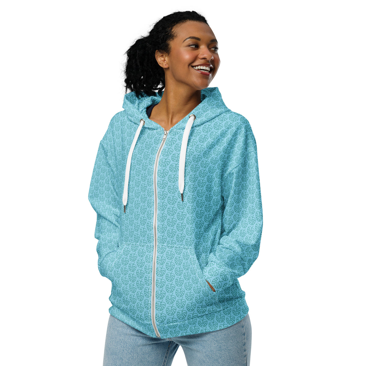 Women's All-Over Print Recycled Unisex Zip Hoodie Leaves Columbia Blue