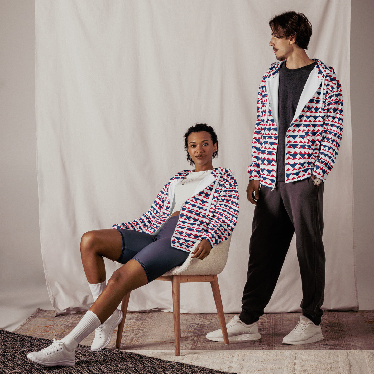 Men's All-Over Print Recycled Unisex Zip Hoodie Geometric Triangles Dark Cerulean/Crimson