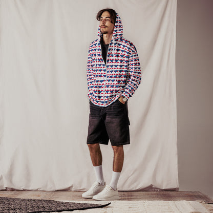 Men's All-Over Print Recycled Unisex Zip Hoodie Geometric Triangles Dark Cerulean/Crimson