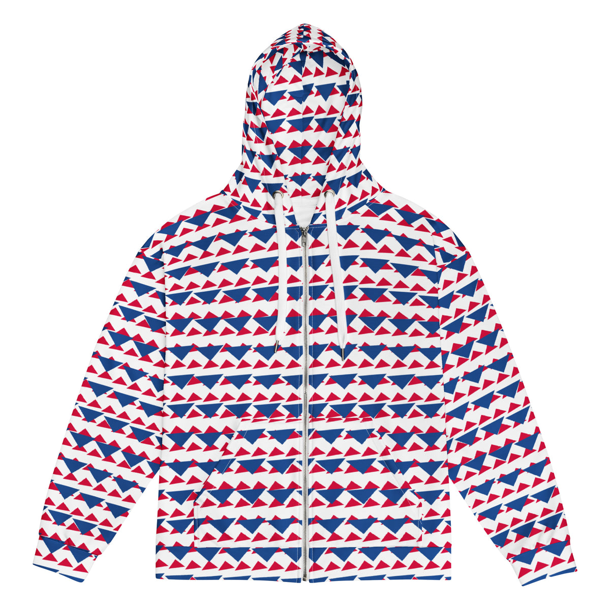 Men's All-Over Print Recycled Unisex Zip Hoodie Geometric Triangles Dark Cerulean/Crimson