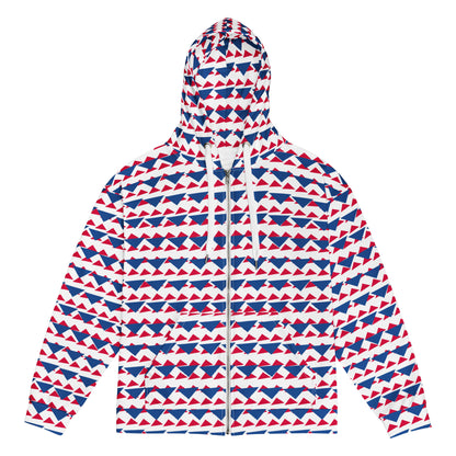 Men's All-Over Print Recycled Unisex Zip Hoodie Geometric Triangles Dark Cerulean/Crimson