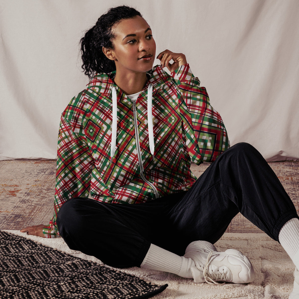 Women's All-Over Print Recycled Unisex Zip Hoodie Plaid Green and Red