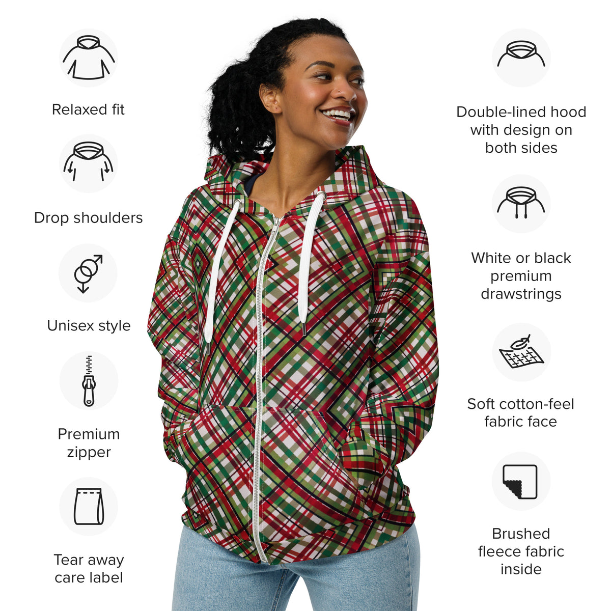 Women's All-Over Print Recycled Unisex Zip Hoodie Plaid Green and Red
