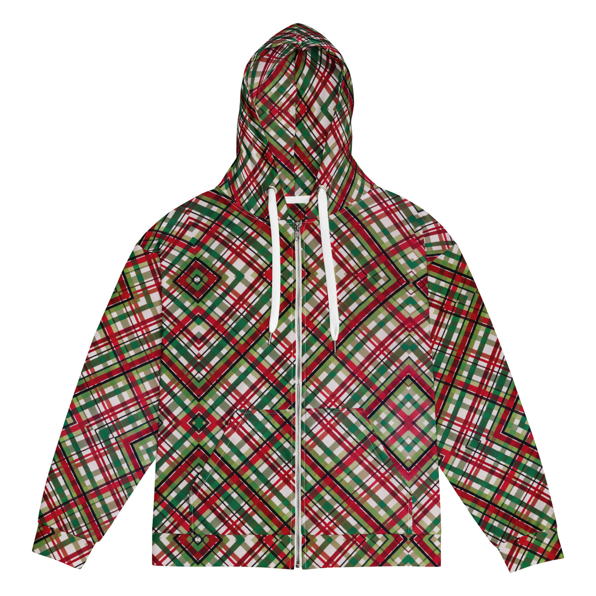 Women's All-Over Print Recycled Unisex Zip Hoodie Plaid Green and Red