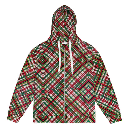 Women's All-Over Print Recycled Unisex Zip Hoodie Plaid Green and Red