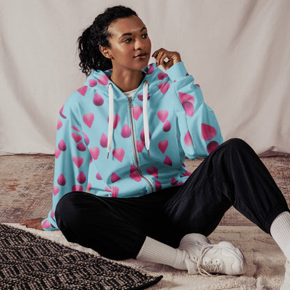 Women's All-Over Print Recycled Unisex Zip Hoodie Rose Pink Hearts Blizzard Blue