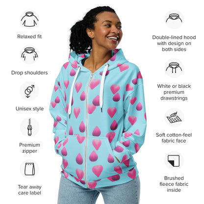 Women's All-Over Print Recycled Unisex Zip Hoodie Rose Pink Hearts Blizzard Blue