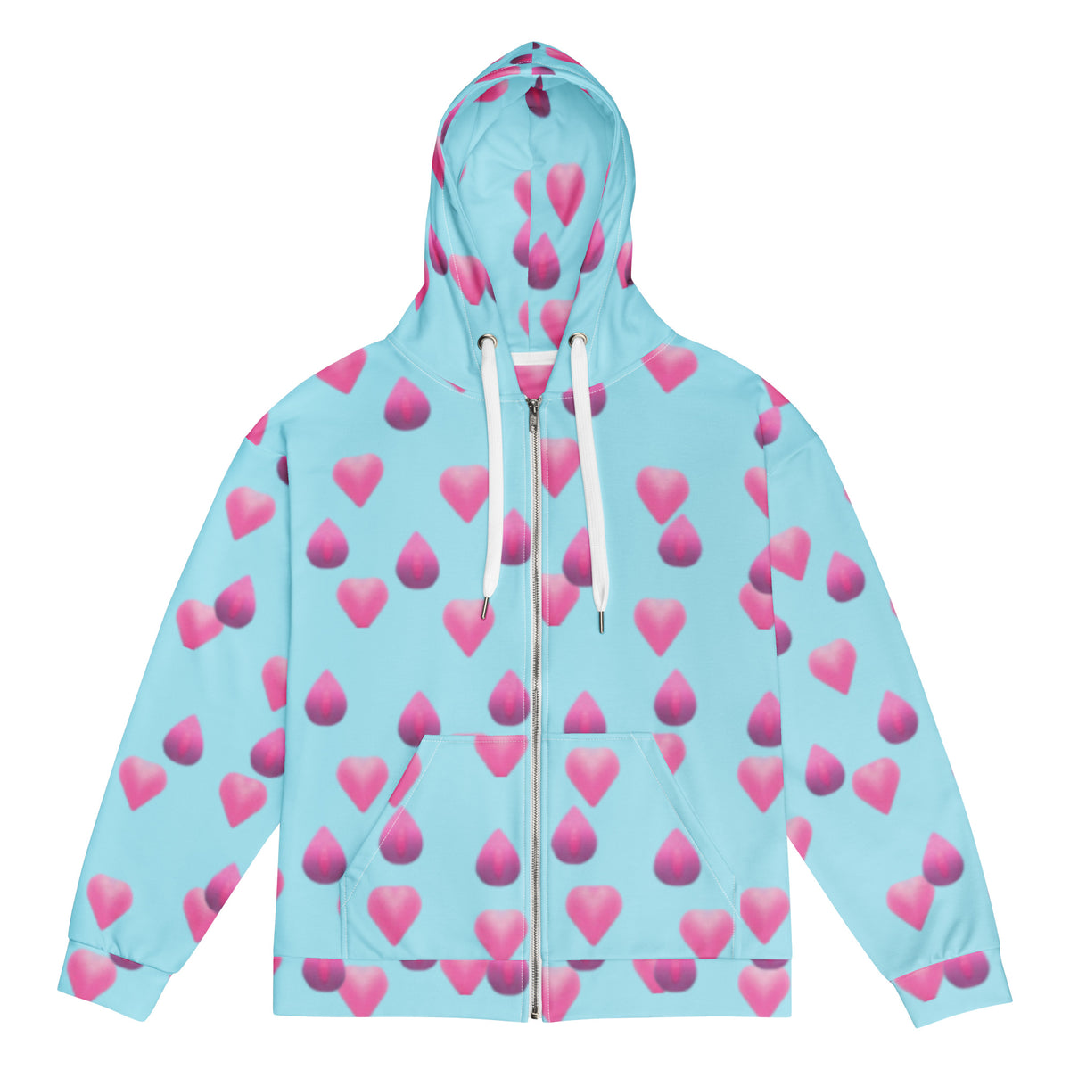 Women's All-Over Print Recycled Unisex Zip Hoodie Rose Pink Hearts Blizzard Blue
