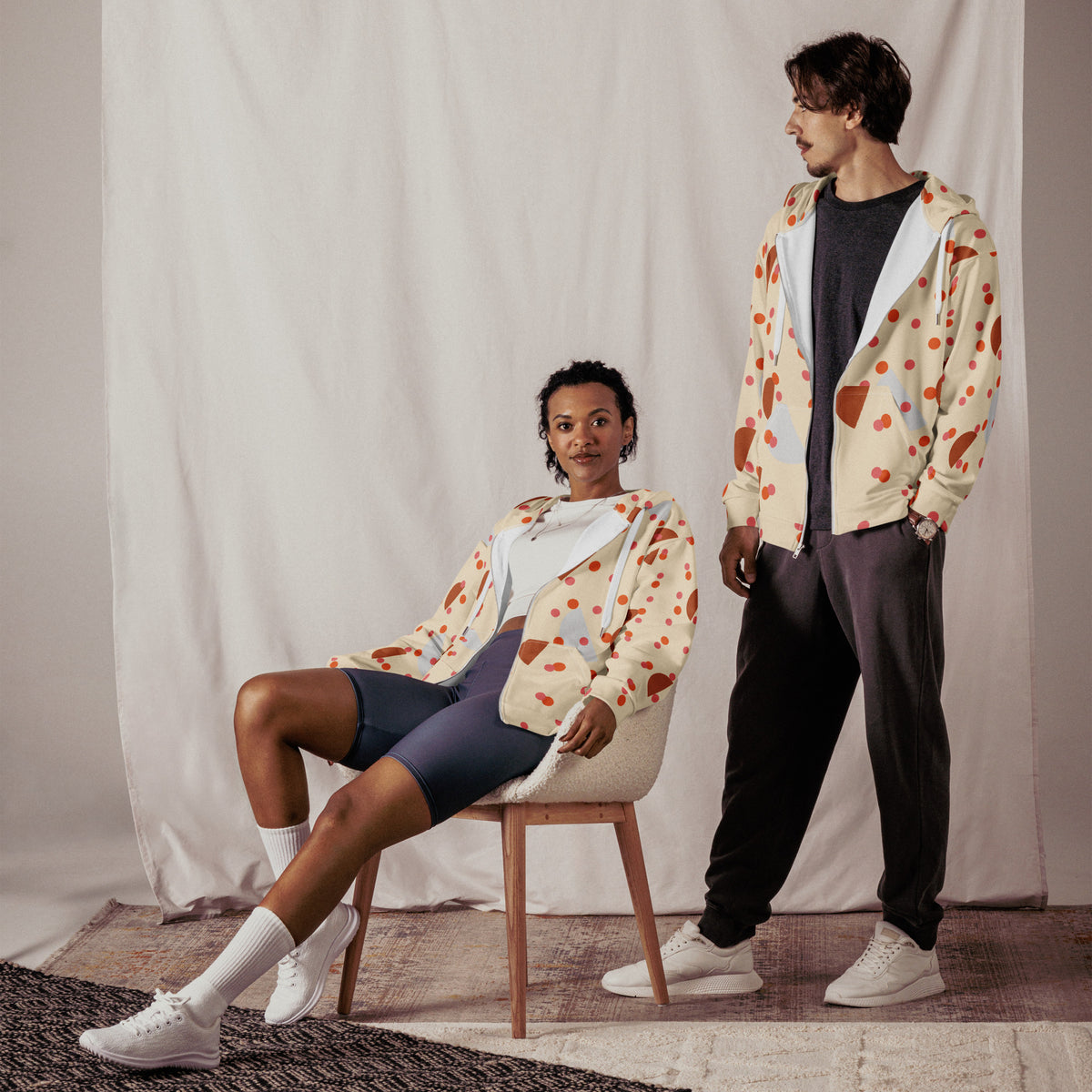 Women's All-Over Print Recycled Unisex Zip Hoodie Mushrooms Papaya Whip Beige