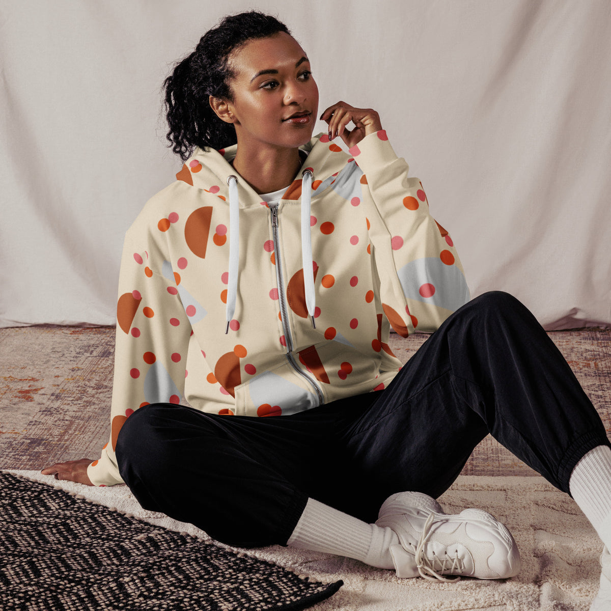 Women's All-Over Print Recycled Unisex Zip Hoodie Mushrooms Papaya Whip Beige