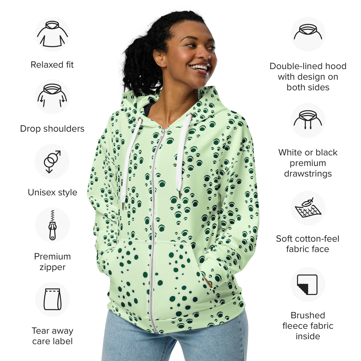 Women's All-Over Print Recycled Unisex Zip Hoodie Bubbles Panache Green