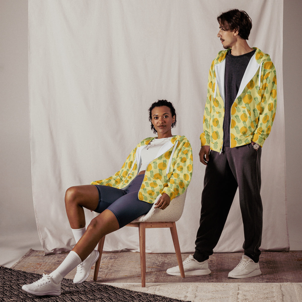 Women's All-Over Print Recycled Unisex Zip Hoodie Pineapples Banana Mania Yellow