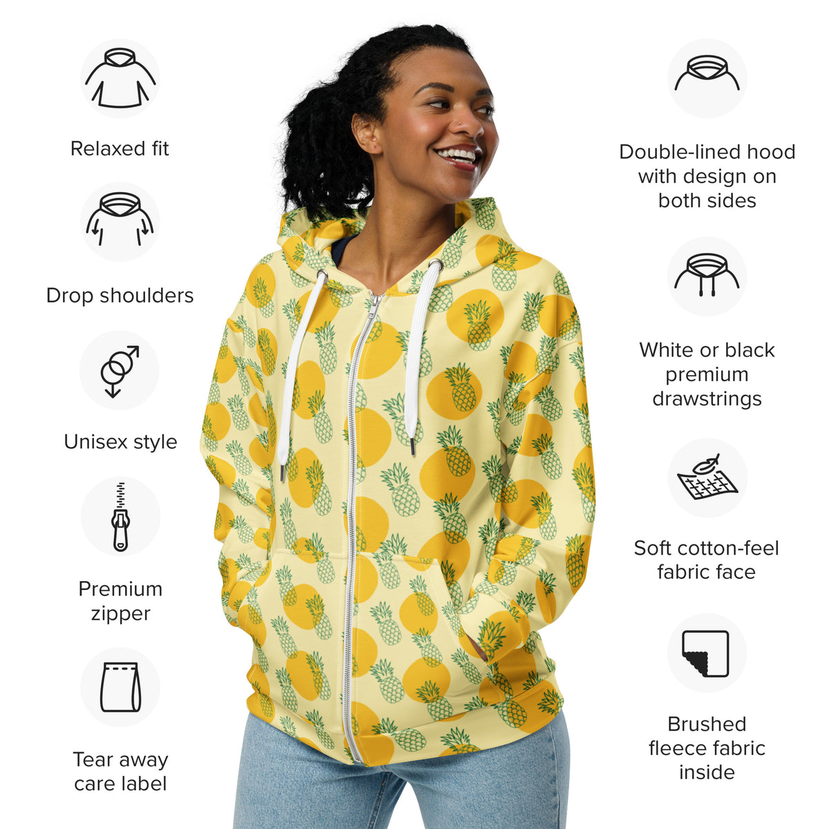 Women's All-Over Print Recycled Unisex Zip Hoodie Pineapples Banana Mania Yellow