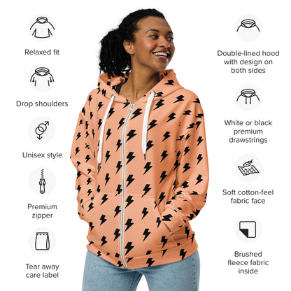 Women's All-Over Print Recycled Unisex Zip Hoodie Lighting Orange Mandys Pink