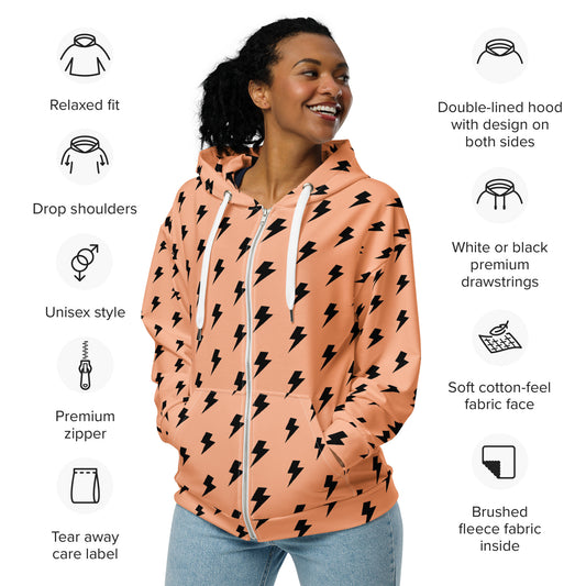 Women's All-Over Print Recycled Unisex Zip Hoodie Lighting Orange Mandys Pink
