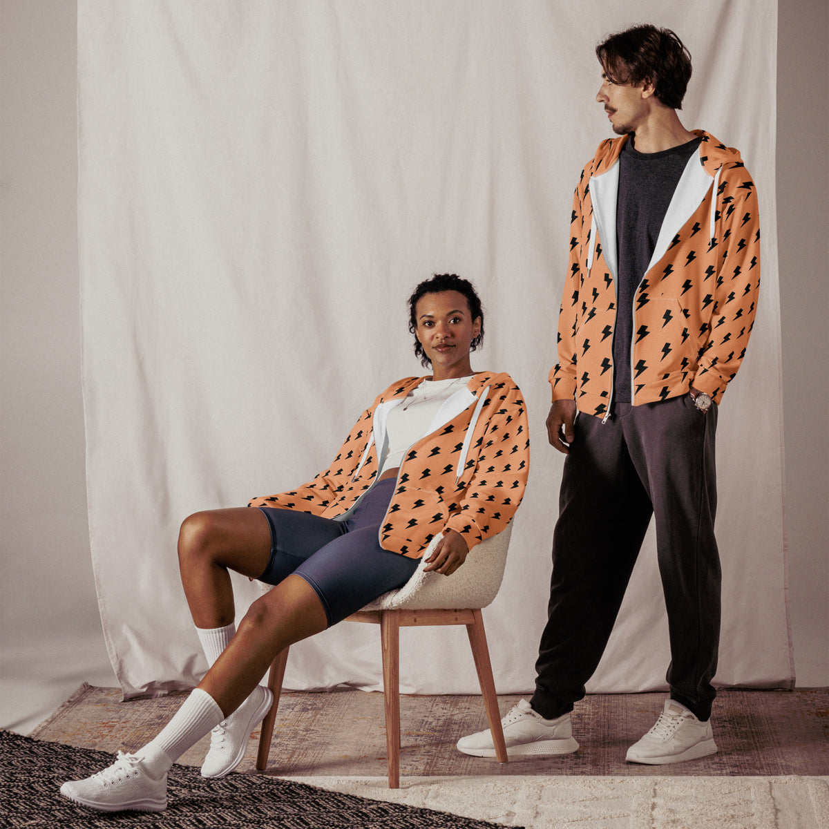 Men's All-Over Print Recycled Unisex Zip Hoodie Lighting Orange Mandys Pink