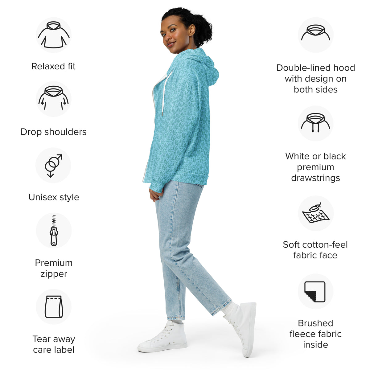Women's All-Over Print Recycled Unisex Zip Hoodie Leaves Columbia Blue