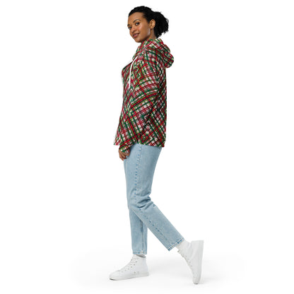 Women's All-Over Print Recycled Unisex Zip Hoodie Plaid Green and Red
