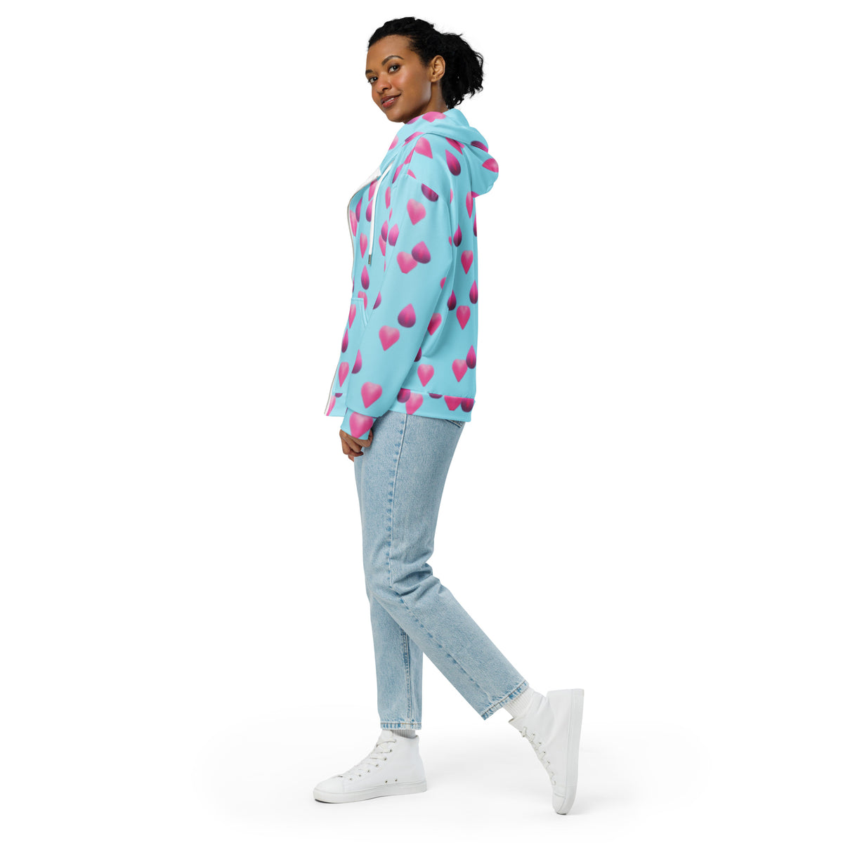 Women's All-Over Print Recycled Unisex Zip Hoodie Rose Pink Hearts Blizzard Blue