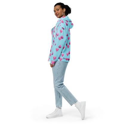 Women's All-Over Print Recycled Unisex Zip Hoodie Rose Pink Hearts Blizzard Blue