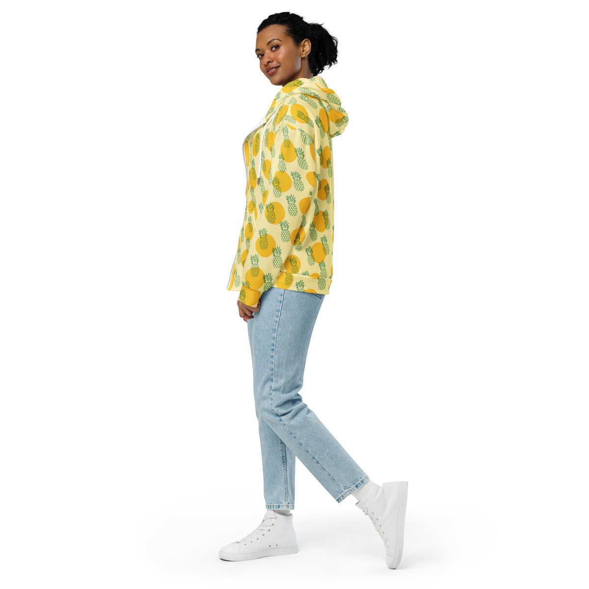 Women's All-Over Print Recycled Unisex Zip Hoodie Pineapples Banana Mania Yellow
