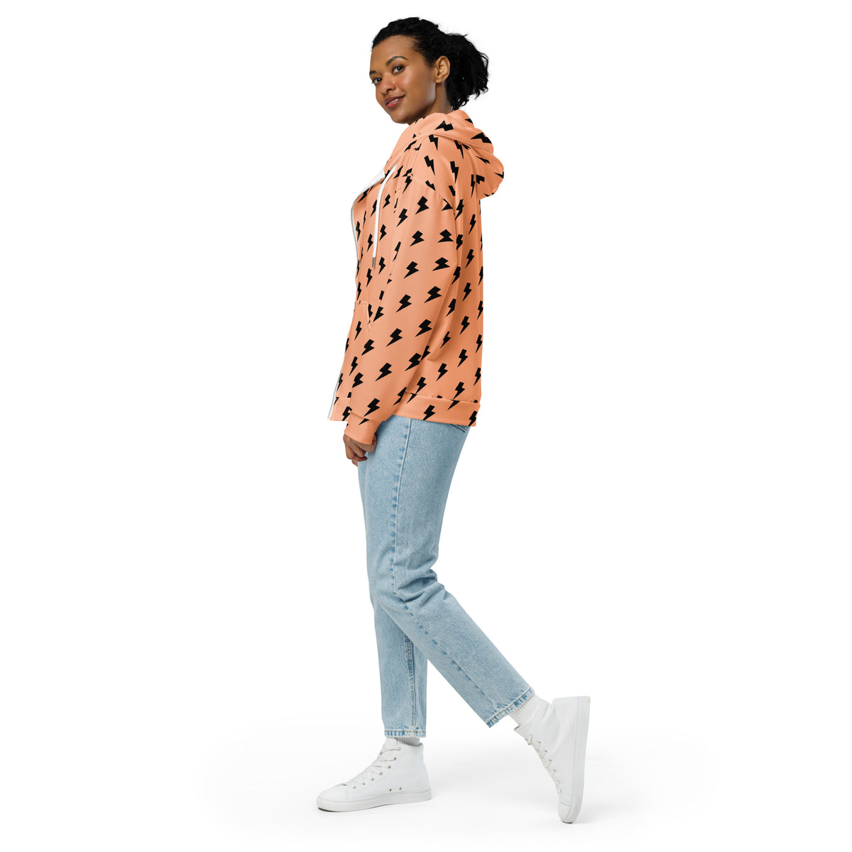Women's All-Over Print Recycled Unisex Zip Hoodie Lighting Orange Mandys Pink