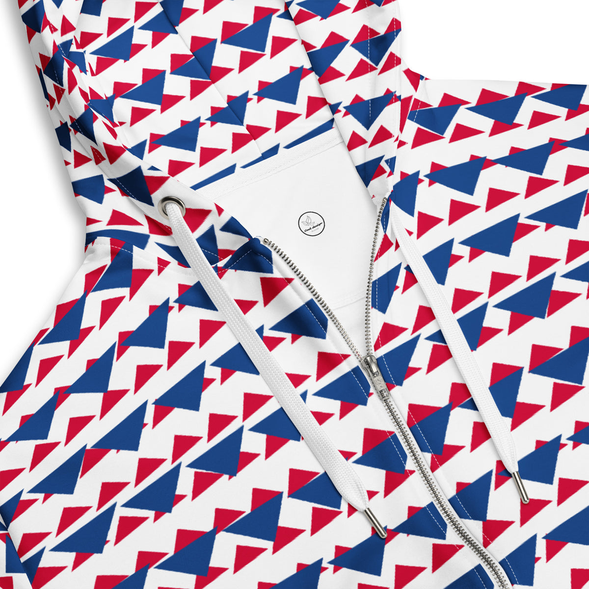 Men's All-Over Print Recycled Unisex Zip Hoodie Geometric Triangles Dark Cerulean/Crimson