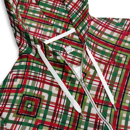 Women's All-Over Print Recycled Unisex Zip Hoodie Plaid Green and Red