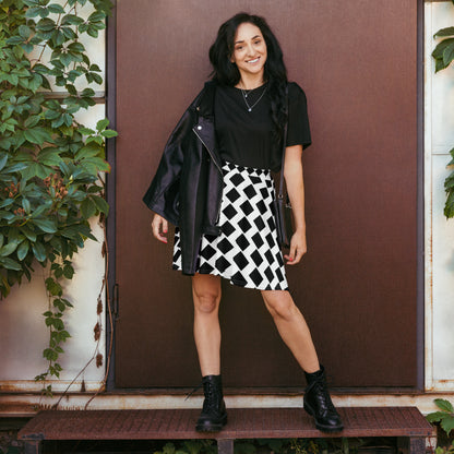 All-Over Print Skater Skirt Squares and Waves Black and White