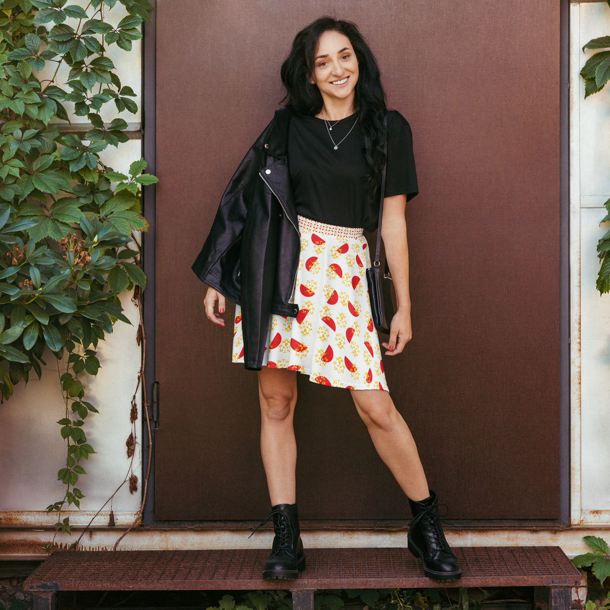 All-Over Print Skater Skirt Yellow Beetles and Alizarin Red Semicircle