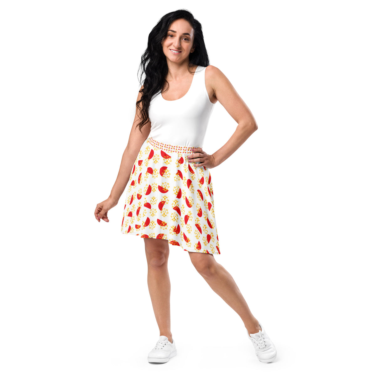 All-Over Print Skater Skirt Yellow Beetles and Alizarin Red Semicircle