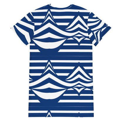 Blue and White Abstract Striped T-Shirt Dress