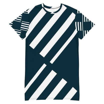 Navy Blue and White Striped T-Shirt Dress  | All-Over Print