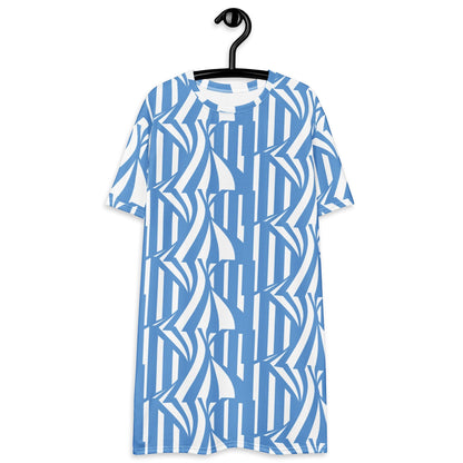 Blue and White Abstract Striped T-Shirt Dress