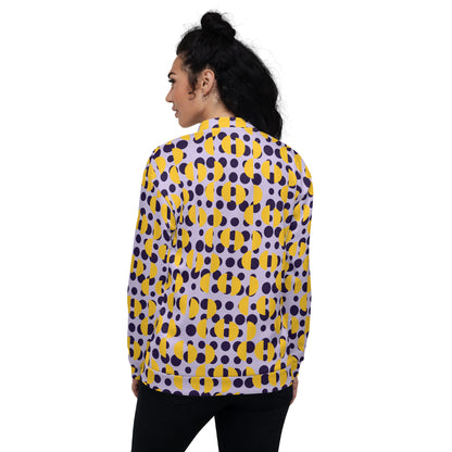 All-Over Print Unisex Purple Retro Polka & Yellow Semi-Circles Bomber Jacket for Woman