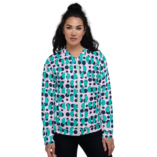 All-Over Print Unisex Brown Navy Polka & Irish Blue Semi-Circles Bomber Jacket for Woman