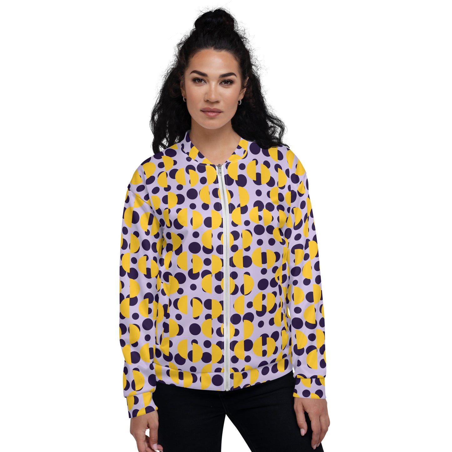 All-Over Print Unisex Purple Retro Polka & Yellow Semi-Circles Bomber Jacket for Woman