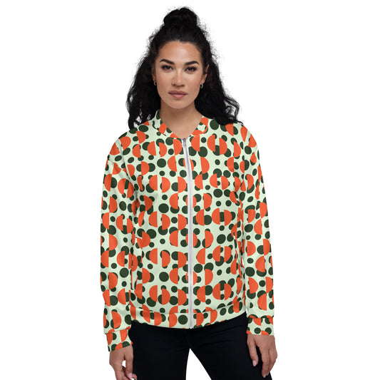 All-Over Print Unisex Green Retro Polka & Orange Semi-Circles Bomber Jacket for Woman