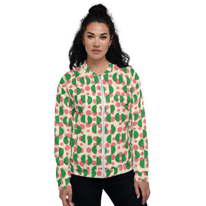 All-Over Print Unisex Pink Retro Polka & Green Semi-Circles Bomber Jacket for Woman