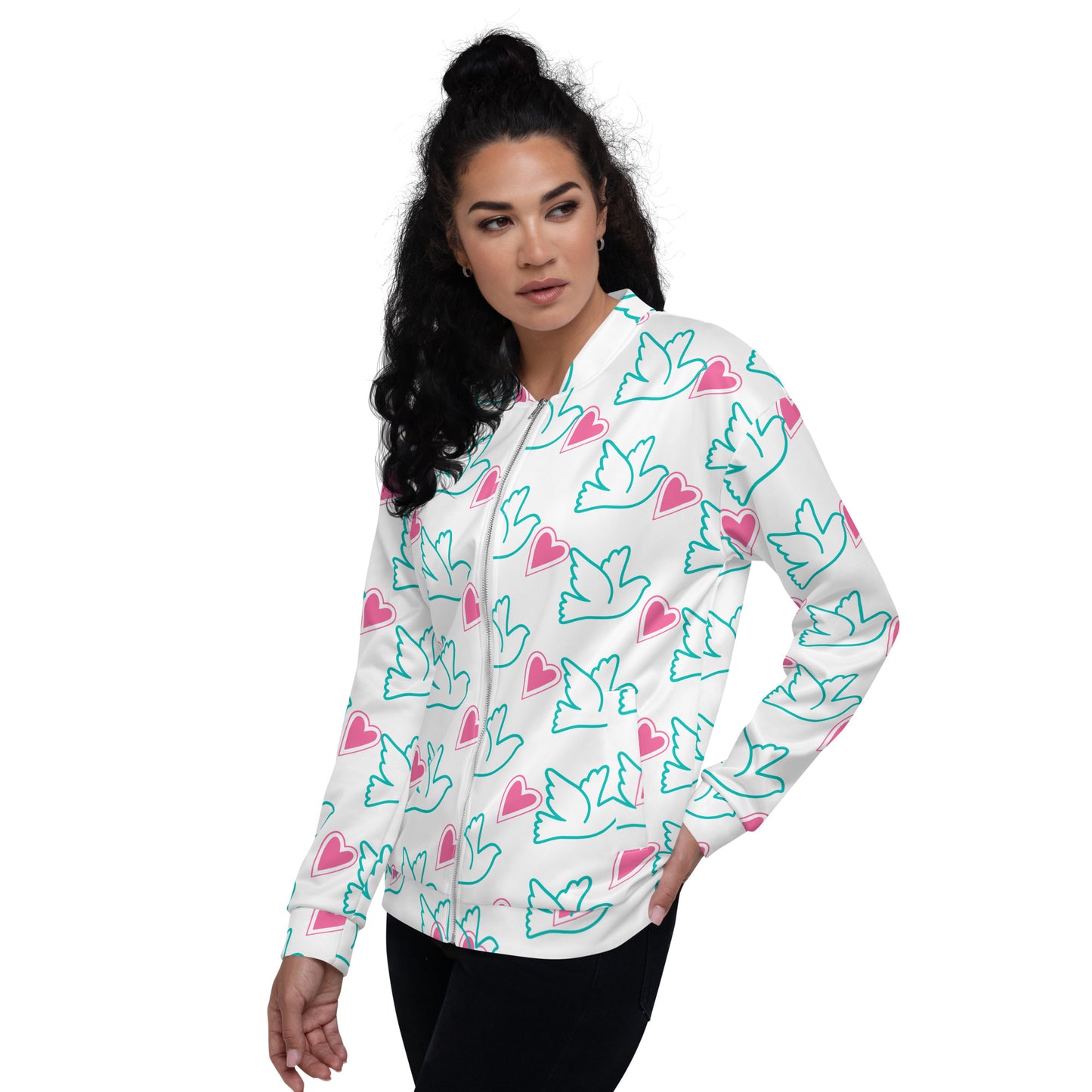 All-Over Print Unisex Peace and Love Bomber Jacket for Woman