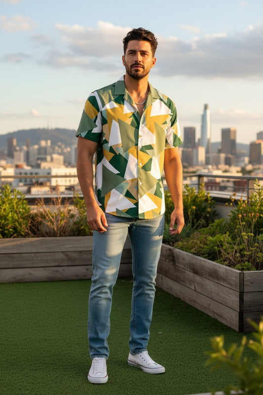 Men's Geometric Camo Short Sleeve Button Shirt Triangles III