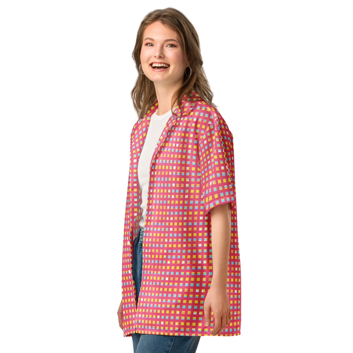 Good Wishes 365 women's pink checkered UPF 50+ button-down shirt worn by a smiling model over a white t-shirt.