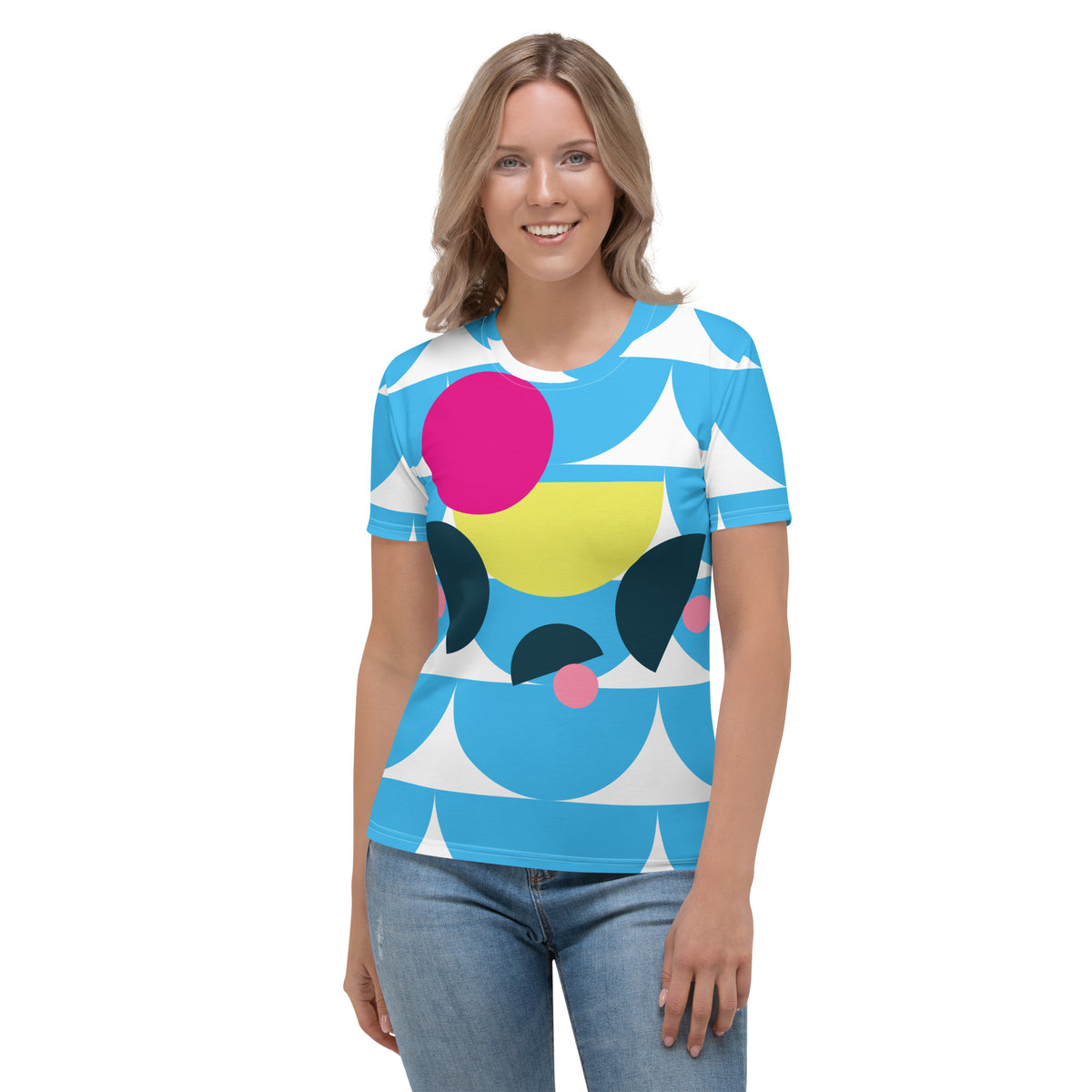 Women's All-Over Print Crew Neck T-Shirt Mushroom Deep Sky Blue