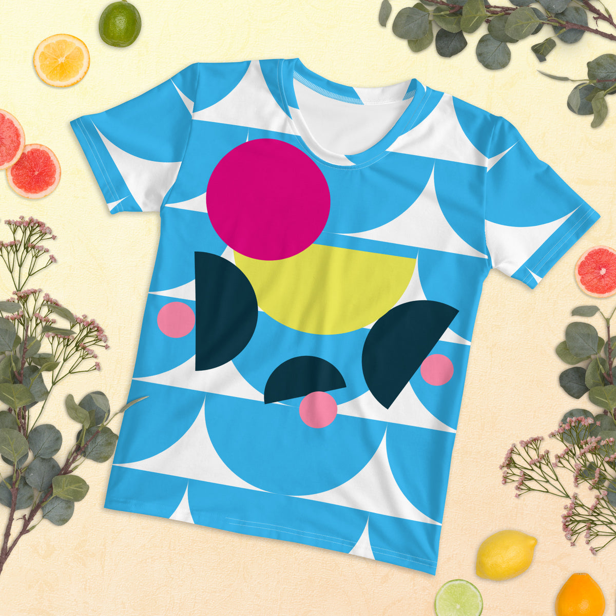 Women's All-Over Print Crew Neck T-Shirt Mushroom Deep Sky Blue