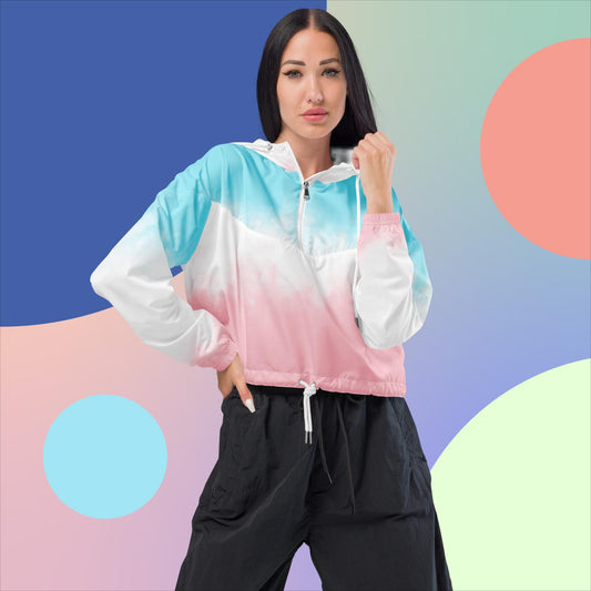 Women’s cropped windbreaker Pink and Light Blue with White Sky