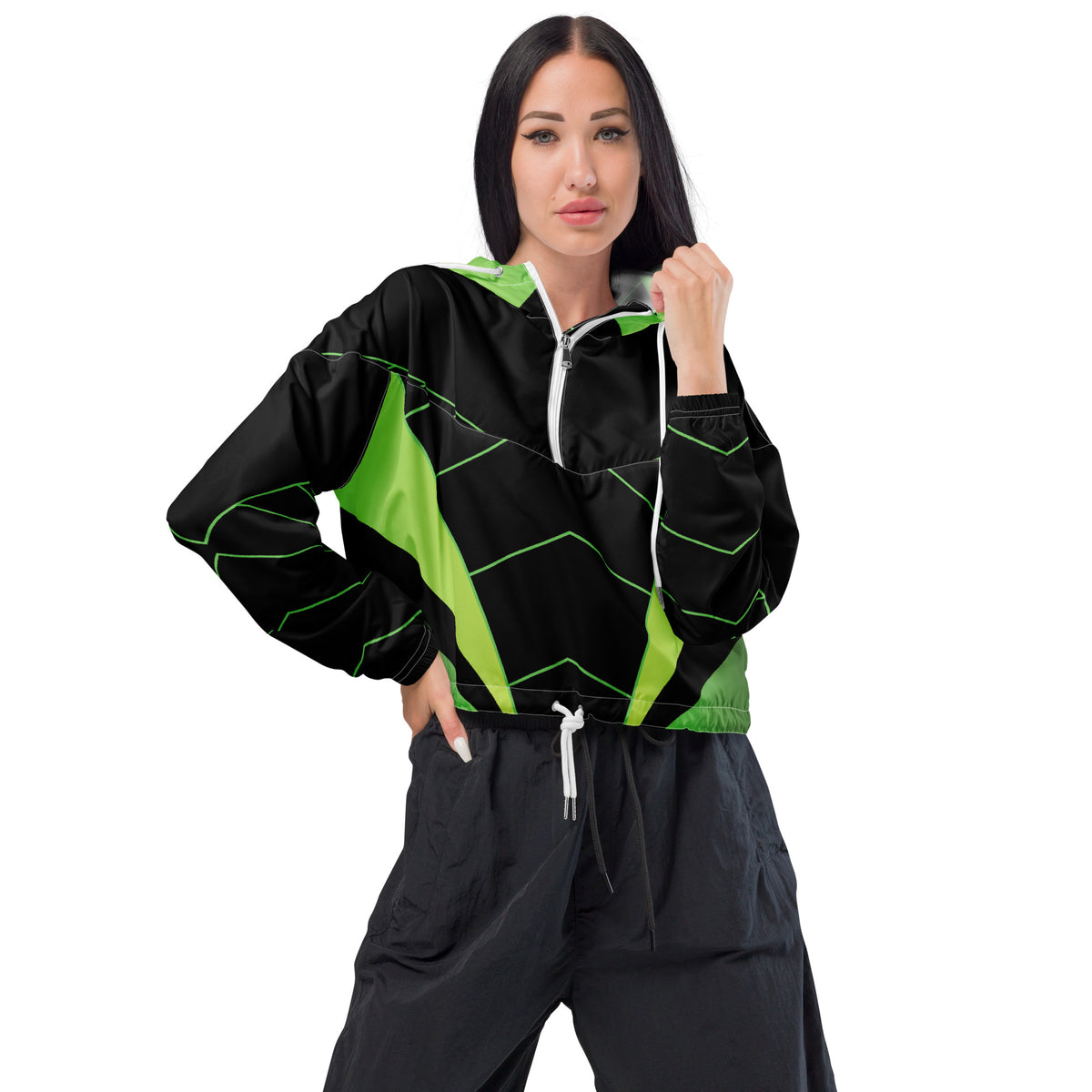 Women’s Neon Green V-Line Cropped Windbreakern | All-Over Print