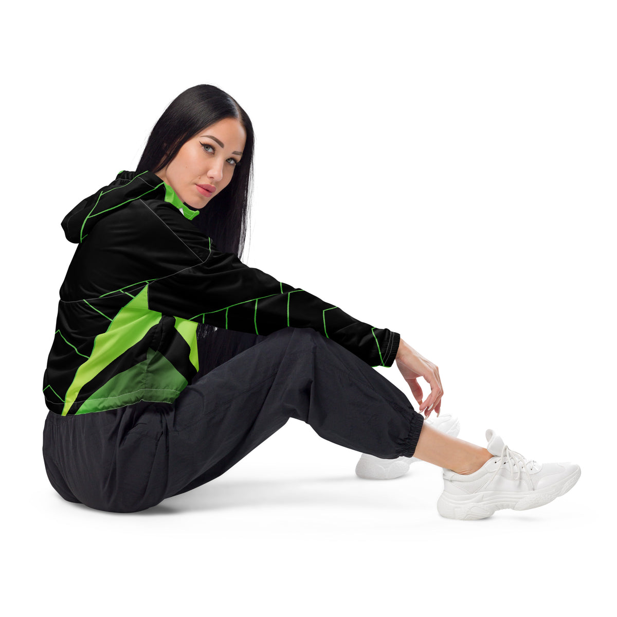 Women’s Neon Green V-Line Cropped Windbreakern | All-Over Print