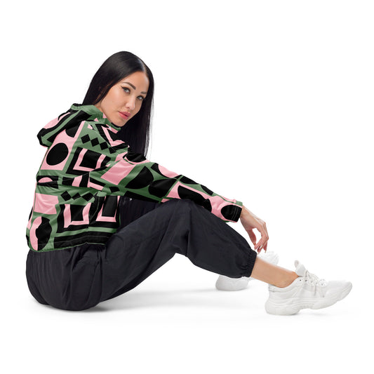 All-Over Print Women’s Cropped Windbreaker Modern Life Pink/Green/Black