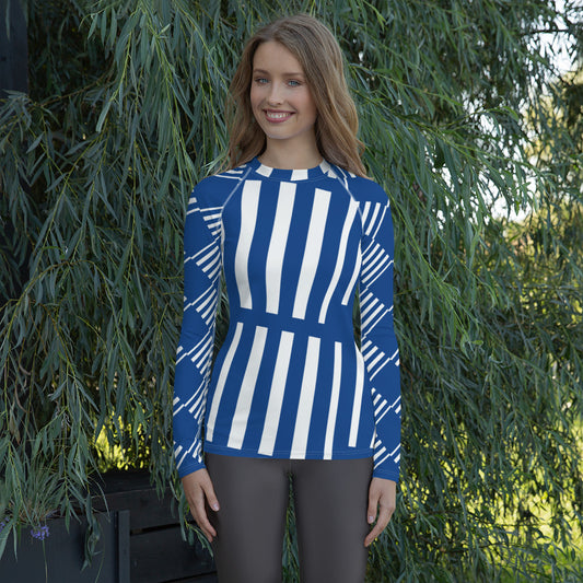 All-Over Print Women's Rash Guard Love Pattern Stripes Vertical Dark Cerulean